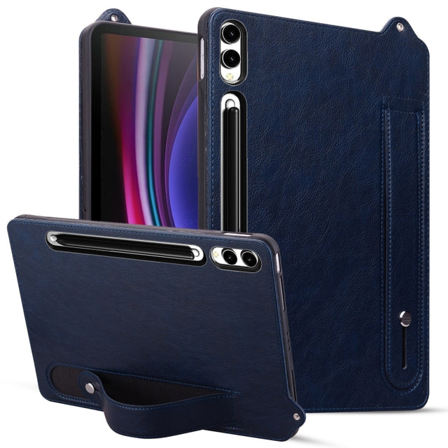 For Samsung Galaxy Tab S10+ / S9+ / S8+ TPU Leather Back Tablet Case with Wristband(Dark Blue)