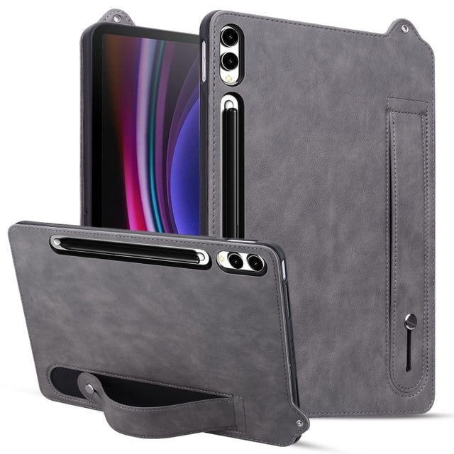 For Samsung Galaxy Tab S10 Ultra/ S11 Ultra TPU Leather Back Tablet Case with Wristband(Grey)