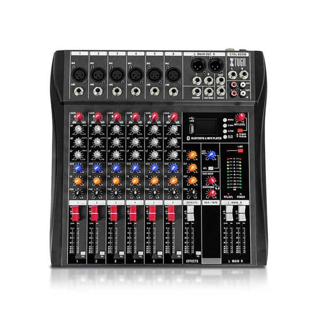 XTUGA CT60X 6-Channels Audio Mixer DJ Mixing Console with 48V Power Supply(US Plug)