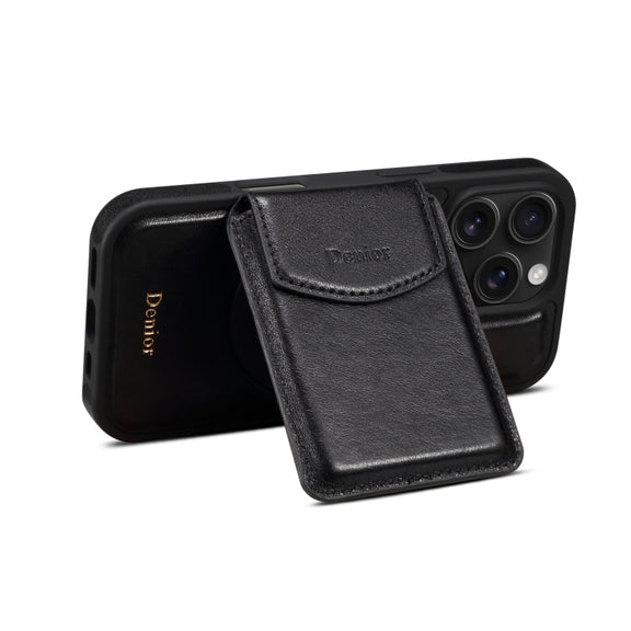 For iPhone 16 Pro Max Denior D22 Genuine Leather MagSafe Holder Detachable Card Slot Phone Case(Black)