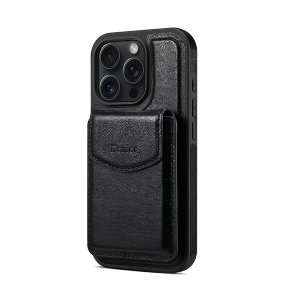 For iPhone 16 Pro Denior D22 Genuine Leather MagSafe Holder Detachable Card Slot Phone Case(Black)