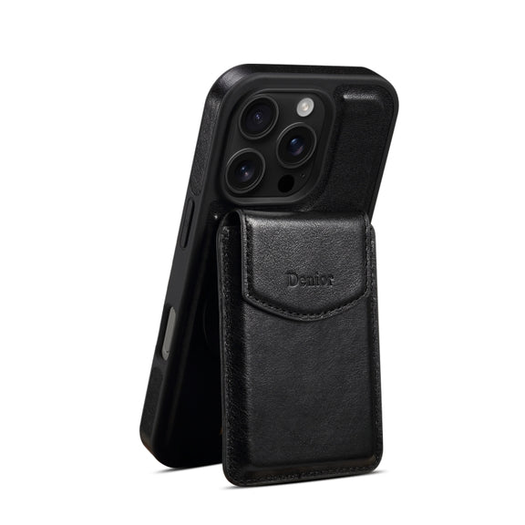 For iPhone 16 Pro Denior D22 Genuine Leather MagSafe Holder Detachable Card Slot Phone Case(Black)