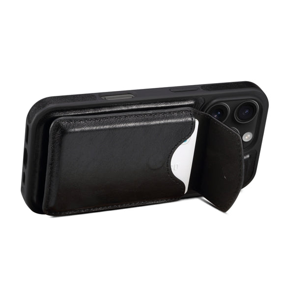 For iPhone 16 Pro Denior D22 Genuine Leather MagSafe Holder Detachable Card Slot Phone Case(Black)