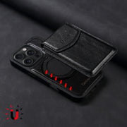 For iPhone 16 Pro Denior D22 Genuine Leather MagSafe Holder Detachable Card Slot Phone Case(Black)