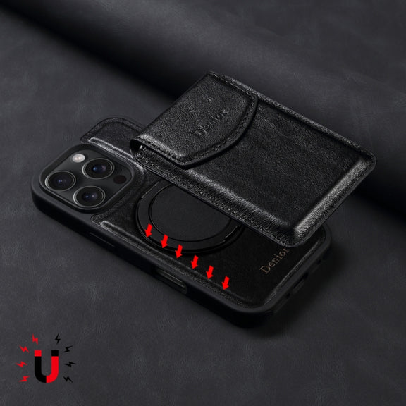 For iPhone 16 Pro Denior D22 Genuine Leather MagSafe Holder Detachable Card Slot Phone Case(Black)