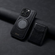 For iPhone 16 Pro Denior D22 Genuine Leather MagSafe Holder Detachable Card Slot Phone Case(Black)