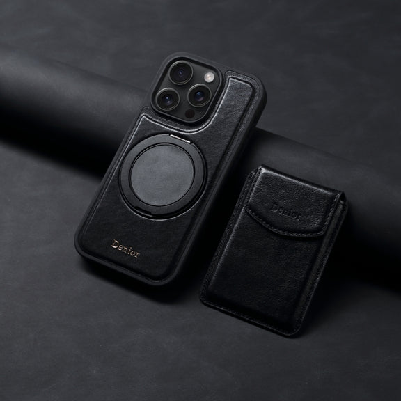 For iPhone 16 Pro Denior D22 Genuine Leather MagSafe Holder Detachable Card Slot Phone Case(Black)