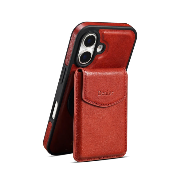 For iPhone 16 Denior D22 Genuine Leather MagSafe Holder Detachable Card Slot Phone Case(Brown)