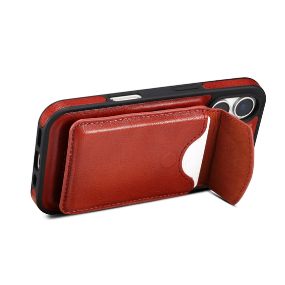For iPhone 16 Denior D22 Genuine Leather MagSafe Holder Detachable Card Slot Phone Case(Brown)