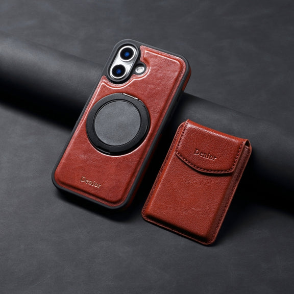 For iPhone 16 Denior D22 Genuine Leather MagSafe Holder Detachable Card Slot Phone Case(Brown)