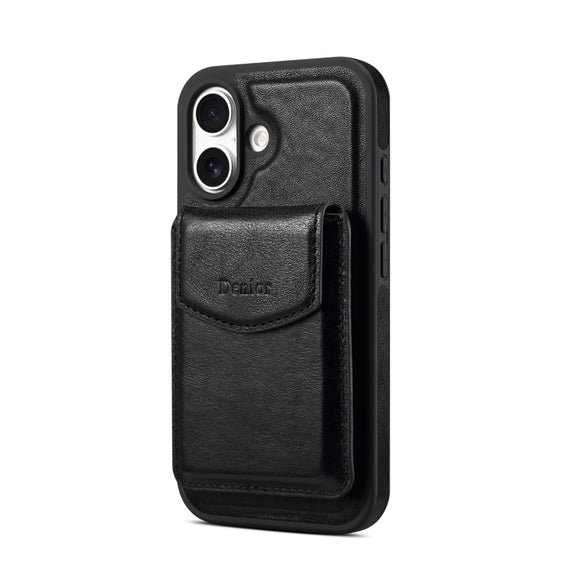 For iPhone 16 Denior D22 Genuine Leather MagSafe Holder Detachable Card Slot Phone Case(Black)