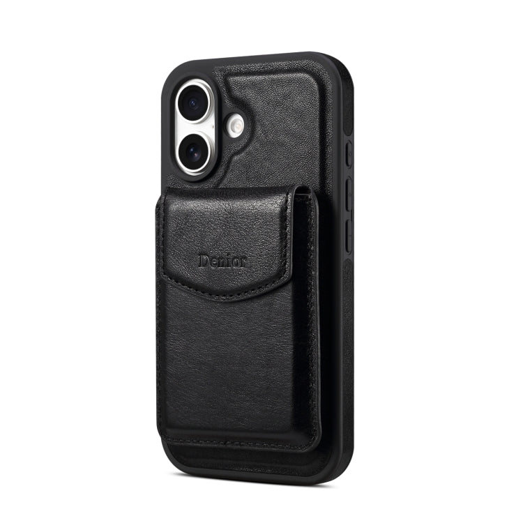 For iPhone 16 Denior D22 Genuine Leather MagSafe Holder Detachable Card Slot Phone Case(Black)