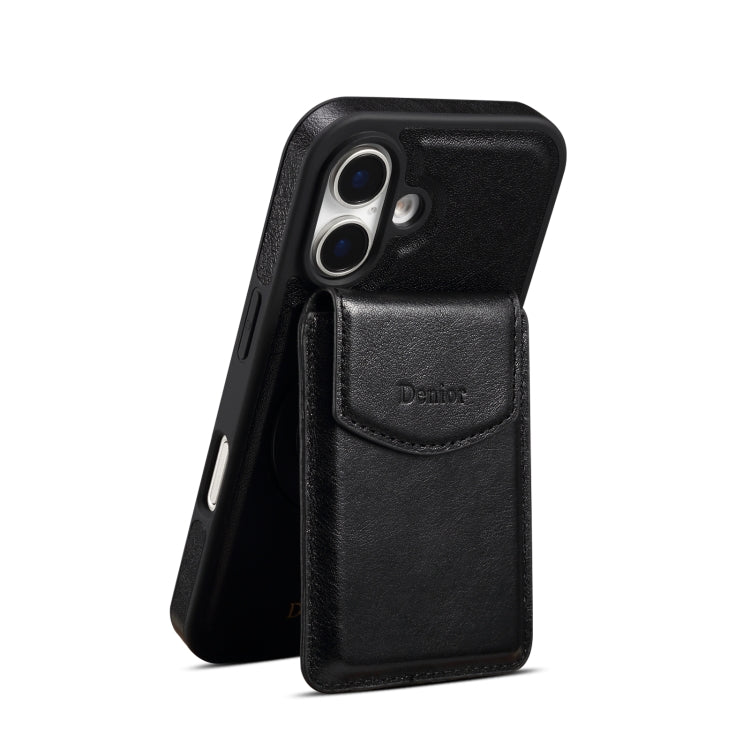 For iPhone 16 Denior D22 Genuine Leather MagSafe Holder Detachable Card Slot Phone Case(Black)