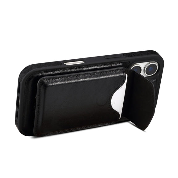 For iPhone 16 Denior D22 Genuine Leather MagSafe Holder Detachable Card Slot Phone Case(Black)