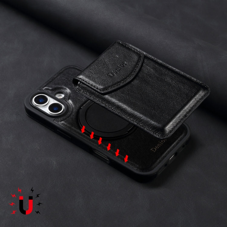 For iPhone 16 Denior D22 Genuine Leather MagSafe Holder Detachable Card Slot Phone Case(Black)