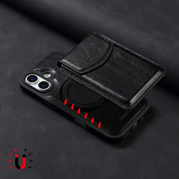 For iPhone 16 Denior D22 Genuine Leather MagSafe Holder Detachable Card Slot Phone Case(Black)