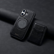 For iPhone 16 Denior D22 Genuine Leather MagSafe Holder Detachable Card Slot Phone Case(Black)