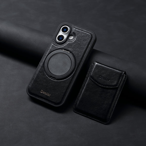 For iPhone 16 Denior D22 Genuine Leather MagSafe Holder Detachable Card Slot Phone Case(Black)