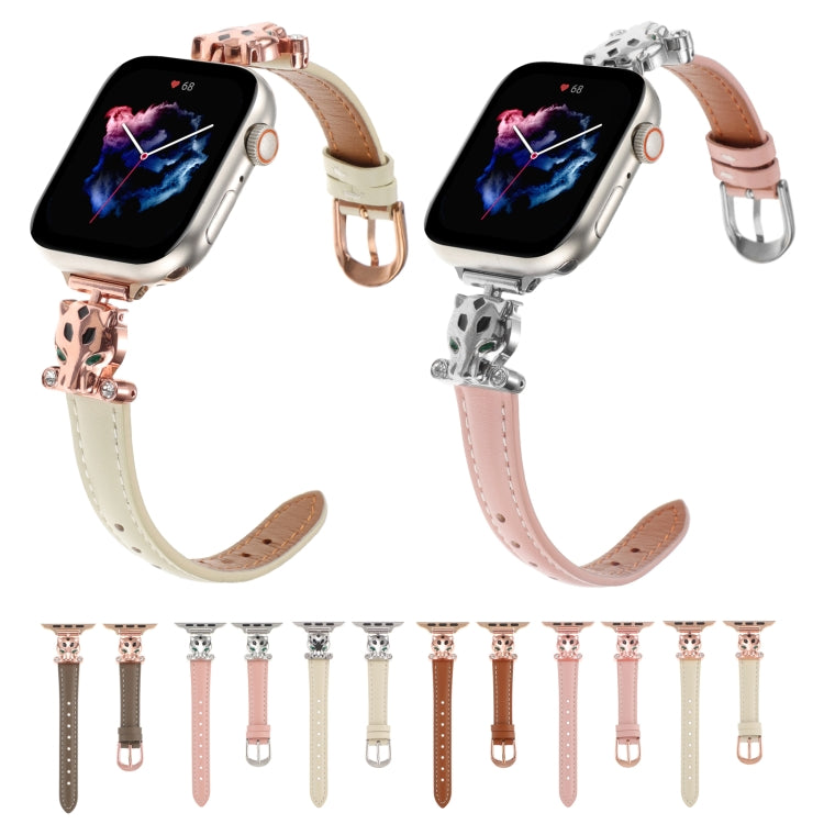 For Apple Watch 42mm / 41mm / 40mm / 38mm Leopard Head Genuine Leather Watch Band(Pink Rose Gold)