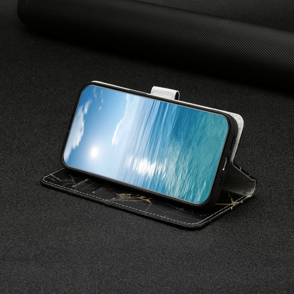 For Samsung Galaxy S25 5G Colored Drawing Marble Pattern Leather Phone Case(Black Gold Marble)