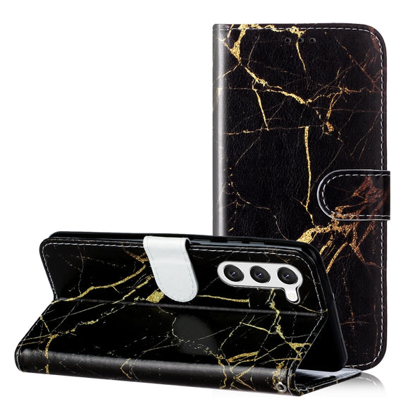 For Samsung Galaxy S25+ 5G Colored Drawing Marble Pattern Leather Phone Case(Black Gold Marble)