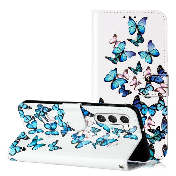 For Samsung Galaxy S25+ 5G Colored Drawing Marble Pattern Leather Phone Case(Little Blue Butterflies)
