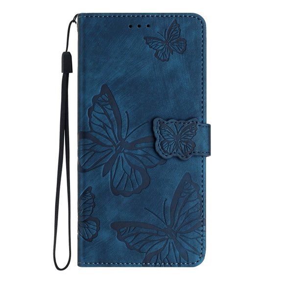 For Samsung Galaxy S25 5G Skin-feel Embossed Butterfly Leather Phone Case(Blue)