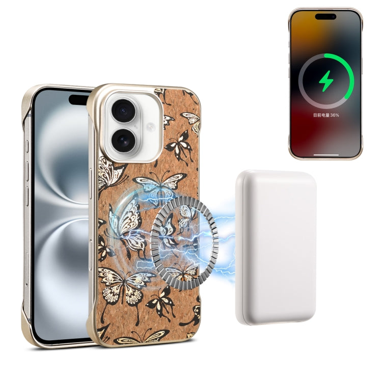 For iPhone 16 Denior A18 WoodenPaint MagSafe Phone Case(Butterflies)