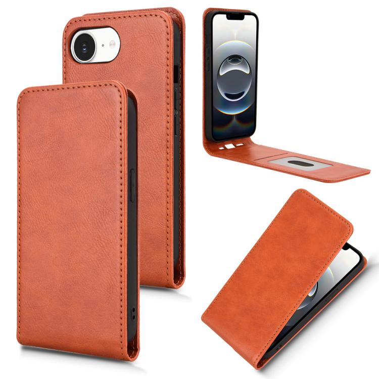 For iPhone 16e Magnetic Vertical Flip Leather Phone Case(Brown)