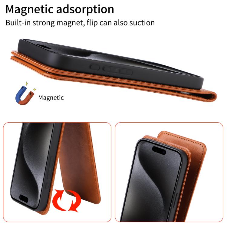 For iPhone 16e Magnetic Vertical Flip Leather Phone Case(Brown)