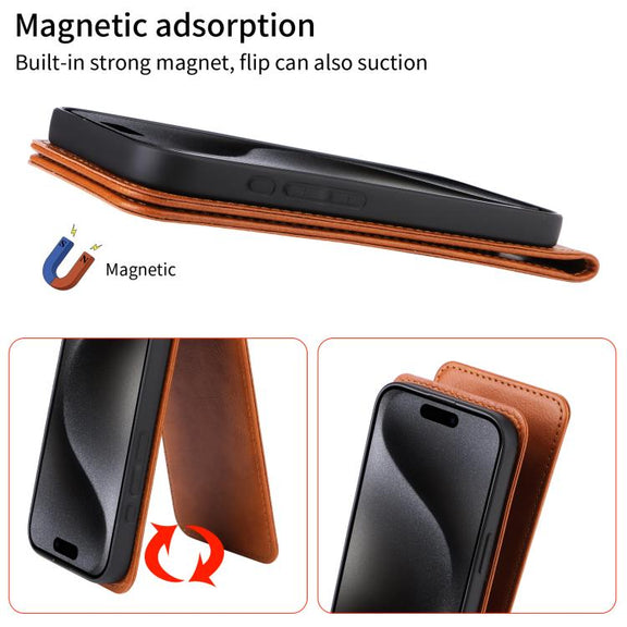 For iPhone 16e Magnetic Vertical Flip Leather Phone Case(Brown)