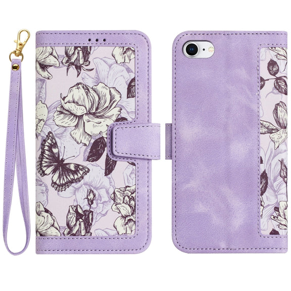 For iPhone 16e Floral Pattern Leather Phone Case with Lanyard(Light Purple)