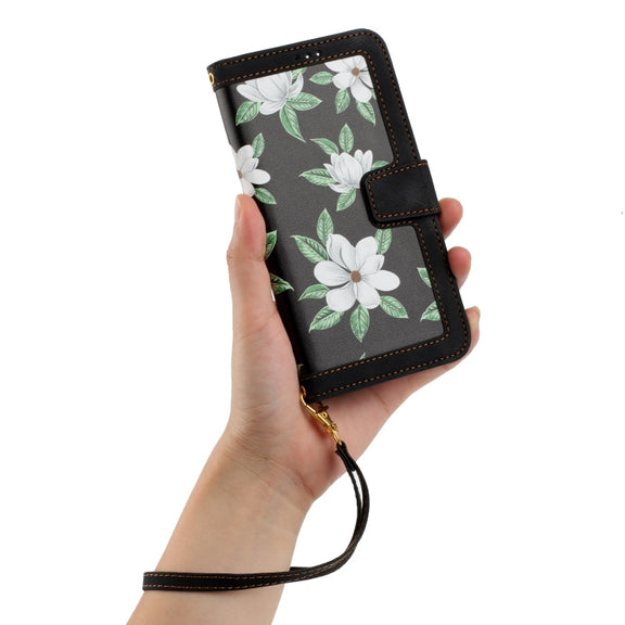 For iPhone 16e Floral Pattern Leather Phone Case with Lanyard(Black)