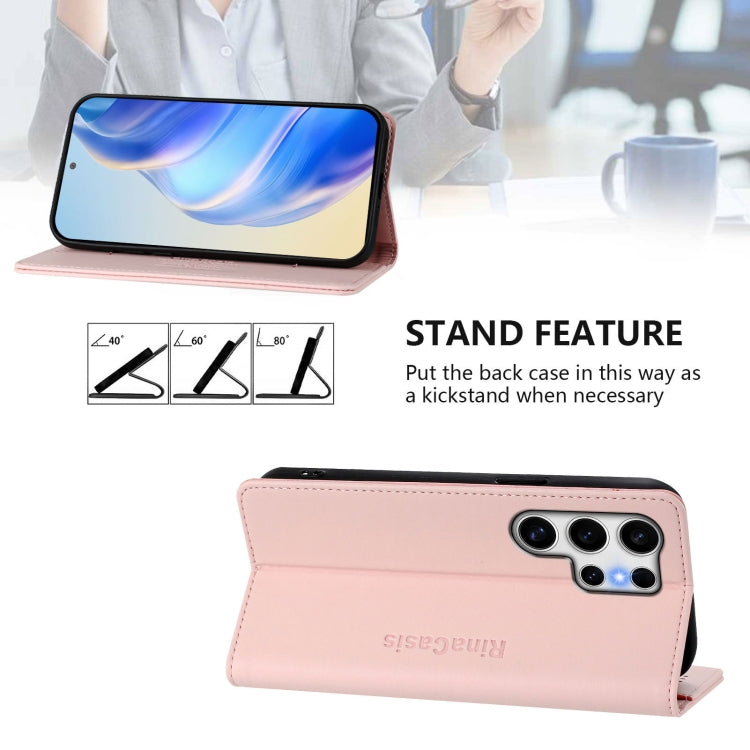 For Samsung Galaxy S25 Ultra 5G RC01 Dual-Folded Magnetic Suction RFID Leather Phone Case(Pink)