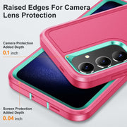 For Samsung Galaxy S24 / S25 5G Rugged PC Hybrid Silicone Phone Case with Holder(Rose Red+Light Green)