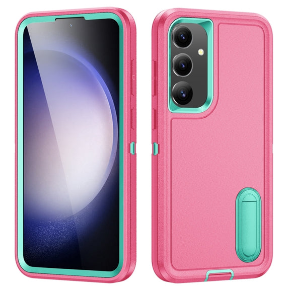For Samsung Galaxy S24 / S25 5G Rugged PC Hybrid Silicone Phone Case with Holder(Rose Red+Light Green)
