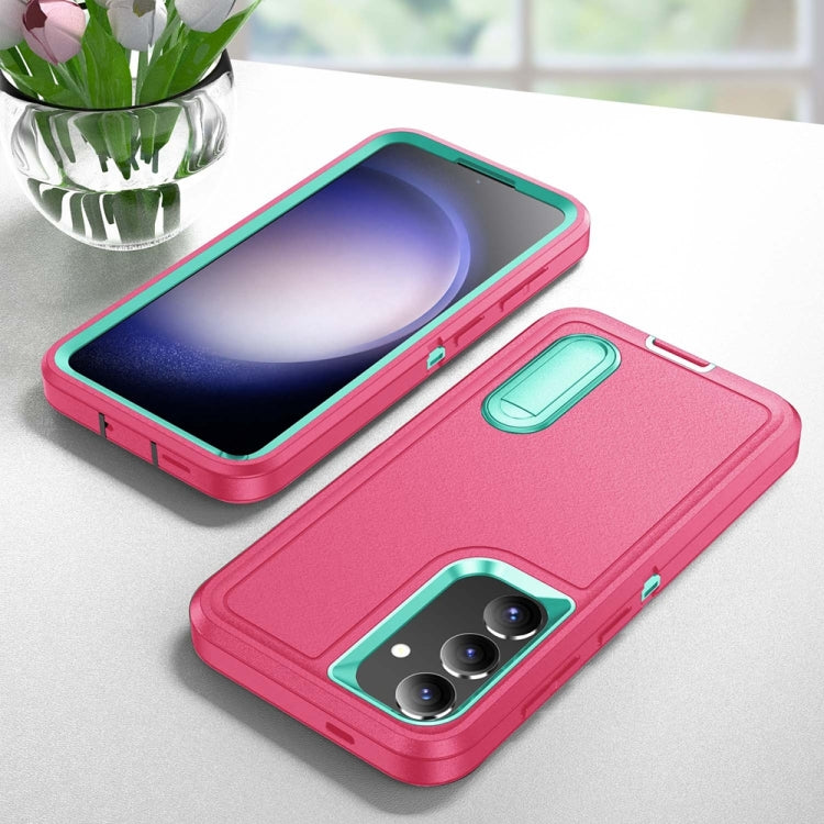 For Samsung Galaxy S24 / S25 5G Rugged PC Hybrid Silicone Phone Case with Holder(Rose Red+Light Green)