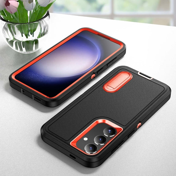 For Samsung Galaxy S24 / S25 5G Rugged PC Hybrid Silicone Phone Case with Holder(Black+Orange)