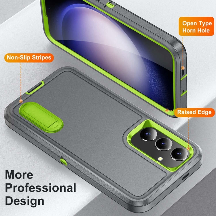 For Samsung Galaxy S24 / S25 5G Rugged PC Hybrid Silicone Phone Case with Holder(Grey+Fresh Green)