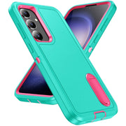 For Samsung Galaxy S24 / S25 5G Rugged PC Hybrid Silicone Phone Case with Holder(Light Green+Rose Red)