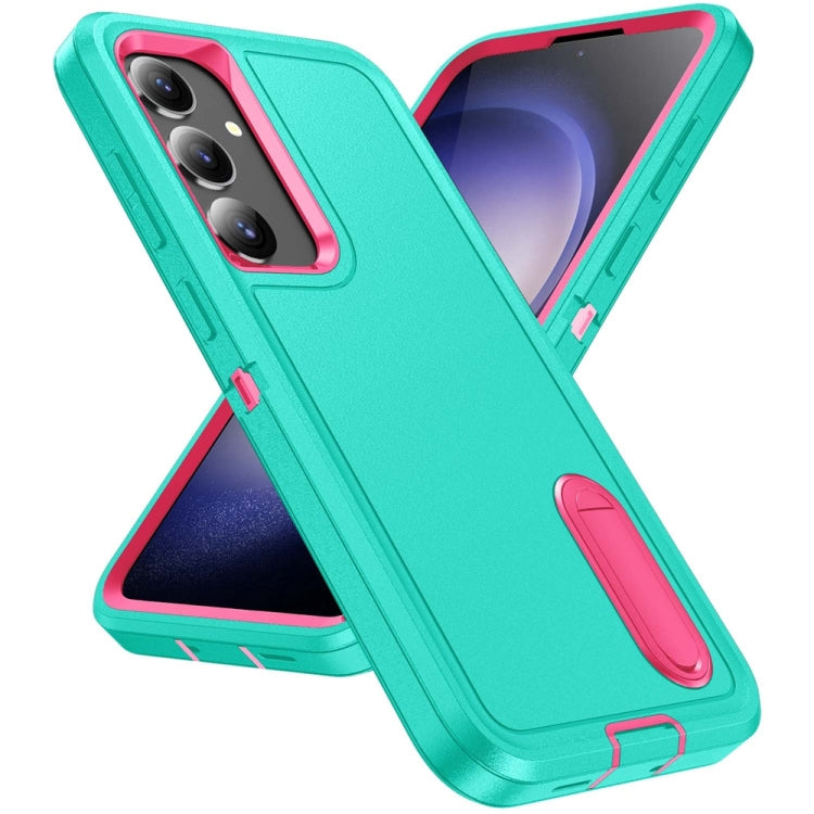 For Samsung Galaxy S24 / S25 5G Rugged PC Hybrid Silicone Phone Case with Holder(Light Green+Rose Red)