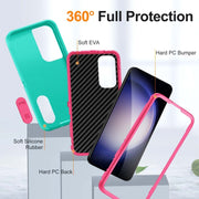 For Samsung Galaxy S24 / S25 5G Rugged PC Hybrid Silicone Phone Case with Holder(Light Green+Rose Red)
