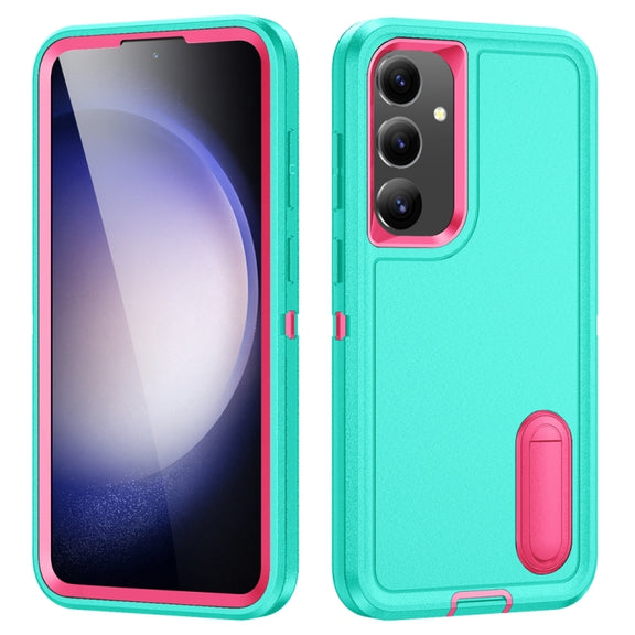 For Samsung Galaxy S24 / S25 5G Rugged PC Hybrid Silicone Phone Case with Holder(Light Green+Rose Red)