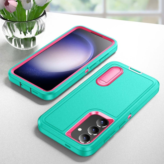 For Samsung Galaxy S24 / S25 5G Rugged PC Hybrid Silicone Phone Case with Holder(Light Green+Rose Red)