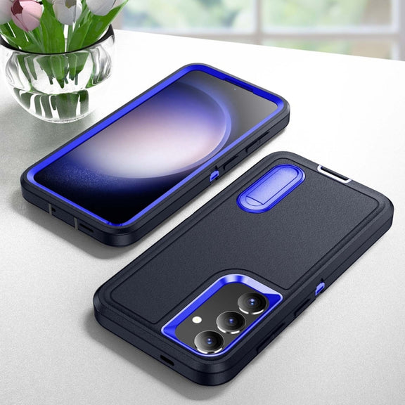 For Samsung Galaxy S24 / S25 5G Rugged PC Hybrid Silicone Phone Case with Holder(Dark Blue+Royal Blue)