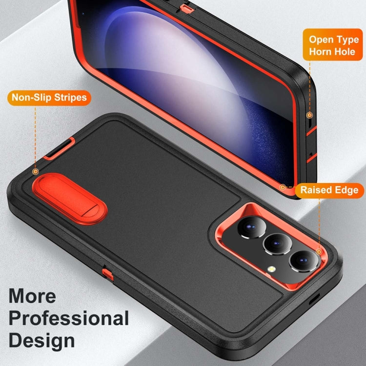 For Samsung Galaxy S24+ / S25+ 5G Rugged PC Hybrid Silicone Phone Case with Holder(Black+Orange)