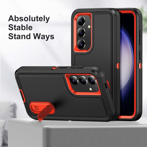 For Samsung Galaxy S24+ / S25+ 5G Rugged PC Hybrid Silicone Phone Case with Holder(Black+Orange)