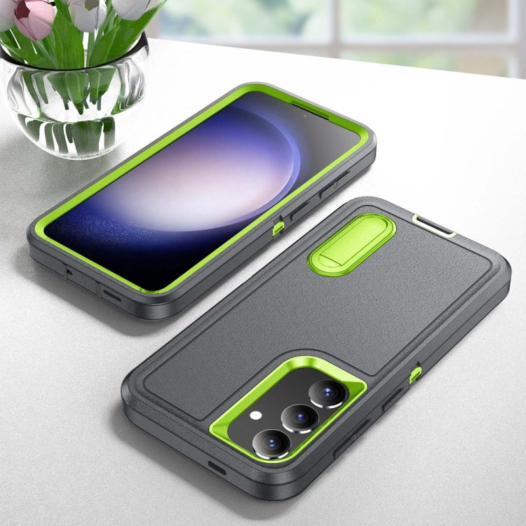 For Samsung Galaxy S24+ / S25+ 5G Rugged PC Hybrid Silicone Phone Case with Holder(Grey+Fresh Green)