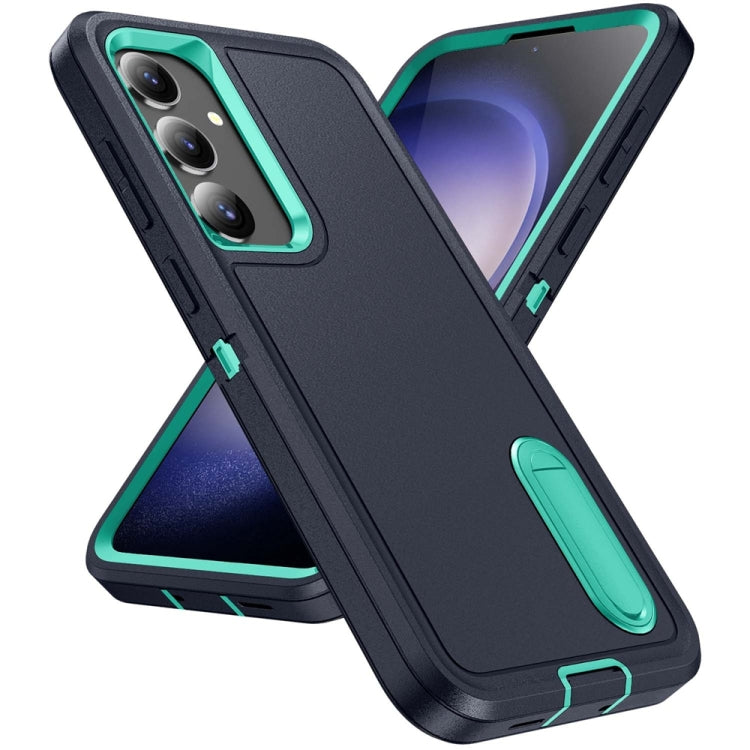 For Samsung Galaxy S24+ / S25+ 5G Rugged PC Hybrid Silicone Phone Case with Holder(Dark Blue+Light Green)