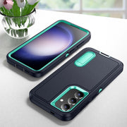 For Samsung Galaxy S24+ / S25+ 5G Rugged PC Hybrid Silicone Phone Case with Holder(Dark Blue+Light Green)